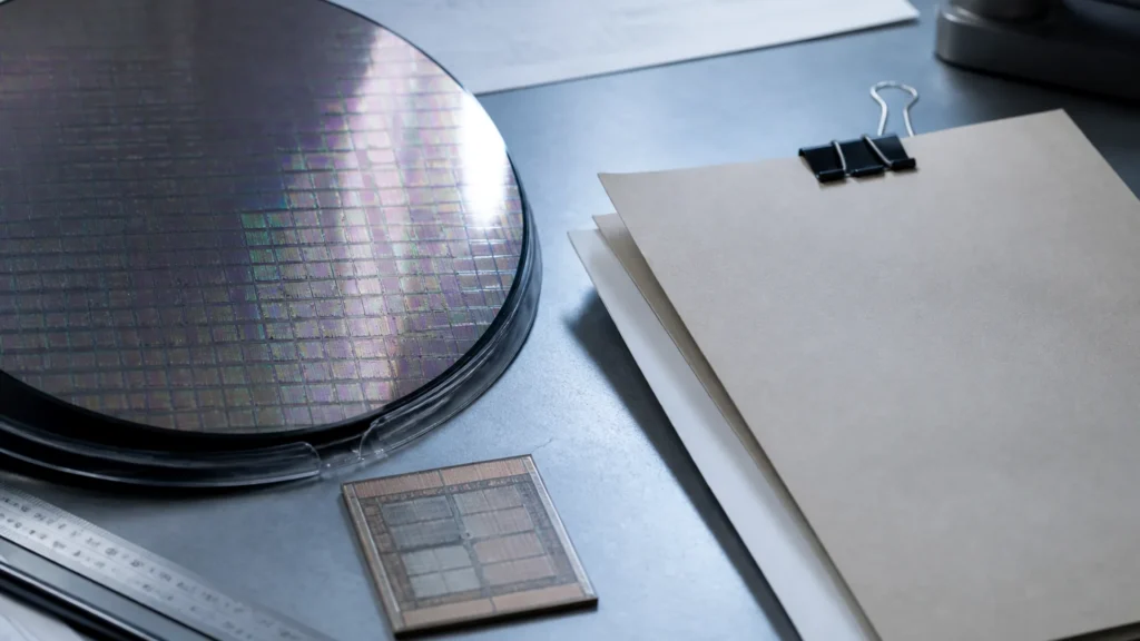 A silicon wafer and a custom chip die on a steel bench beside a clipped unsigned deal folder.
