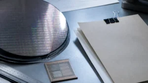 A silicon wafer and a custom chip die on a steel bench beside a clipped unsigned deal folder.