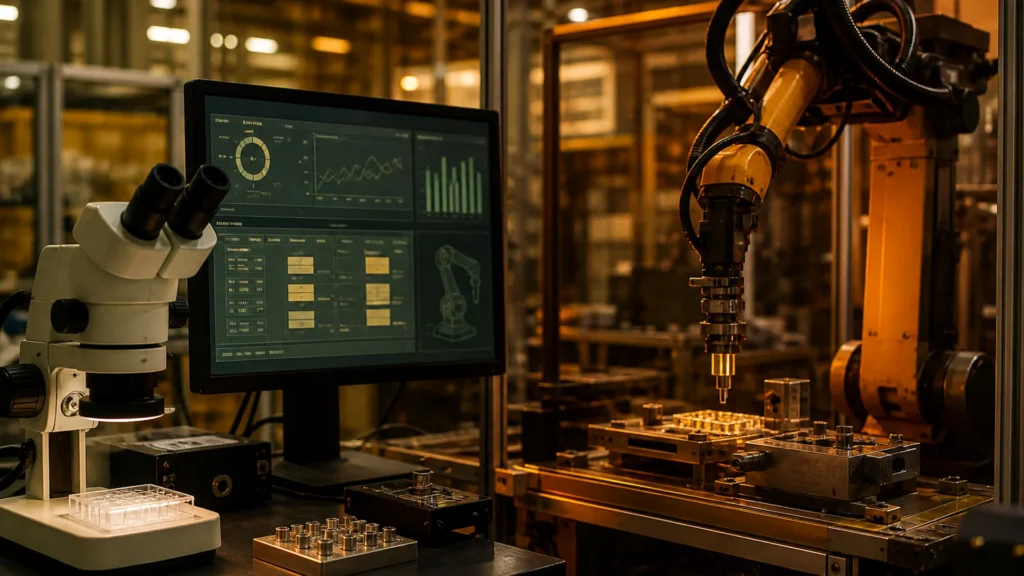 A lab microscope and an industrial robot arm on a work cell, with a software control screen between them.