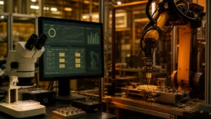 A lab microscope and an industrial robot arm on a work cell, with a software control screen between them.