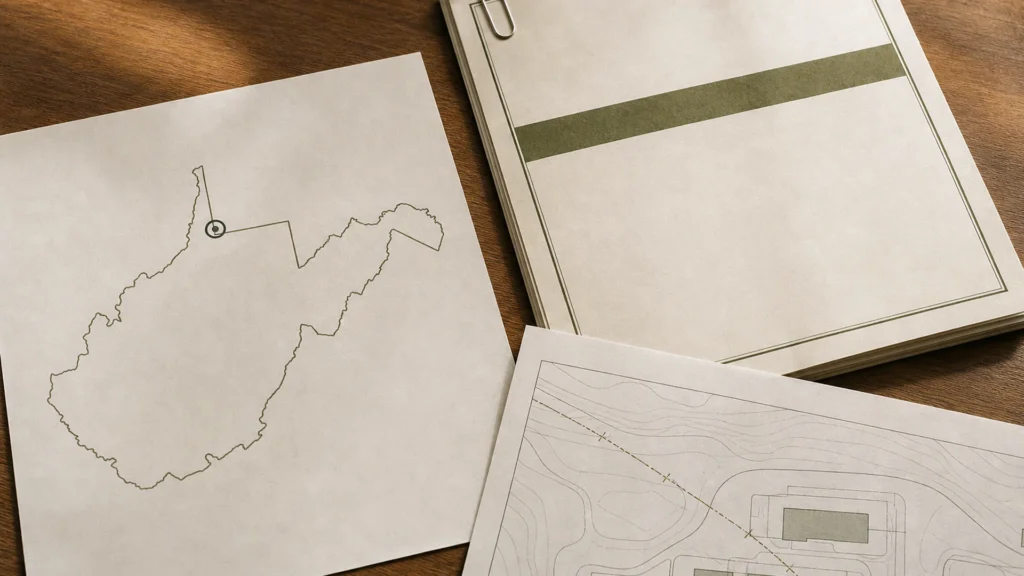 Unlabeled West Virginia outline map, a clipped lease packet, and a site-plan sheet on a wooden desk.