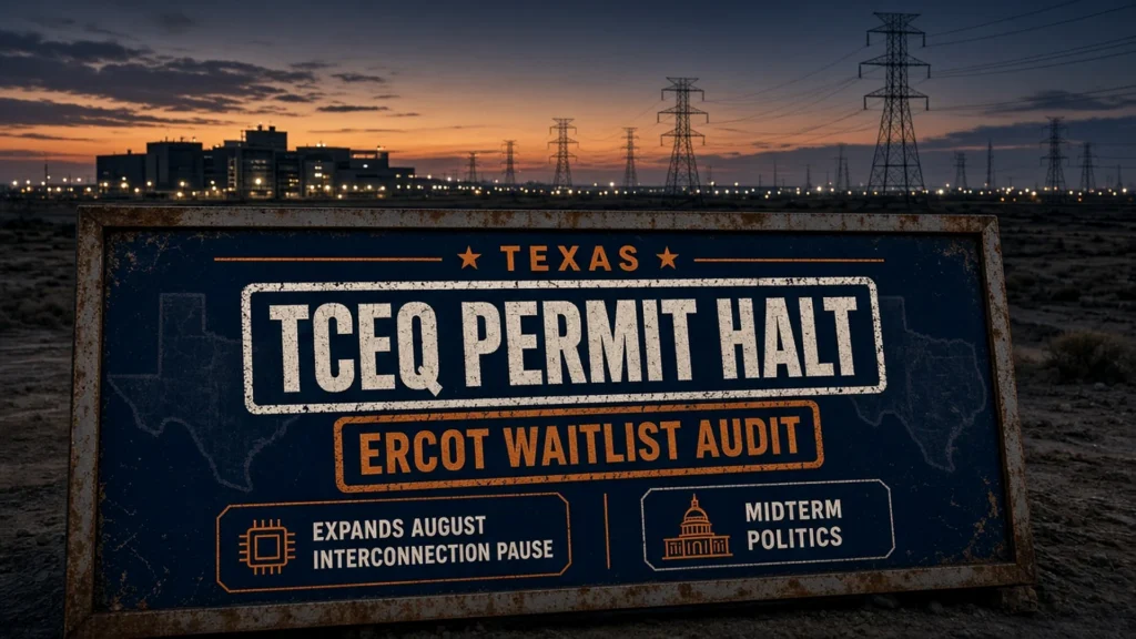 Weathered Texas regulatory board stamped TCEQ Permit Halt and ERCOT Waitlist Audit against a dusk data-center campus and transmission towers.