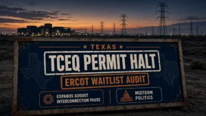 Weathered Texas regulatory board stamped TCEQ Permit Halt and ERCOT Waitlist Audit against a dusk data-center campus and transmission towers.