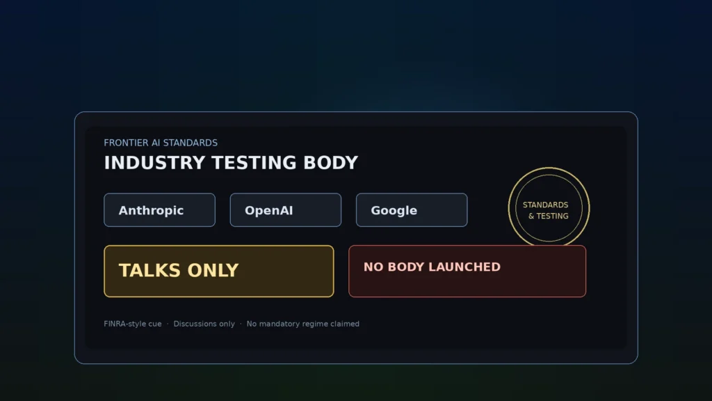 Frontier AI standards and testing board with Anthropic, OpenAI, and Google chips, TALKS ONLY and NO BODY LAUNCHED stamps.