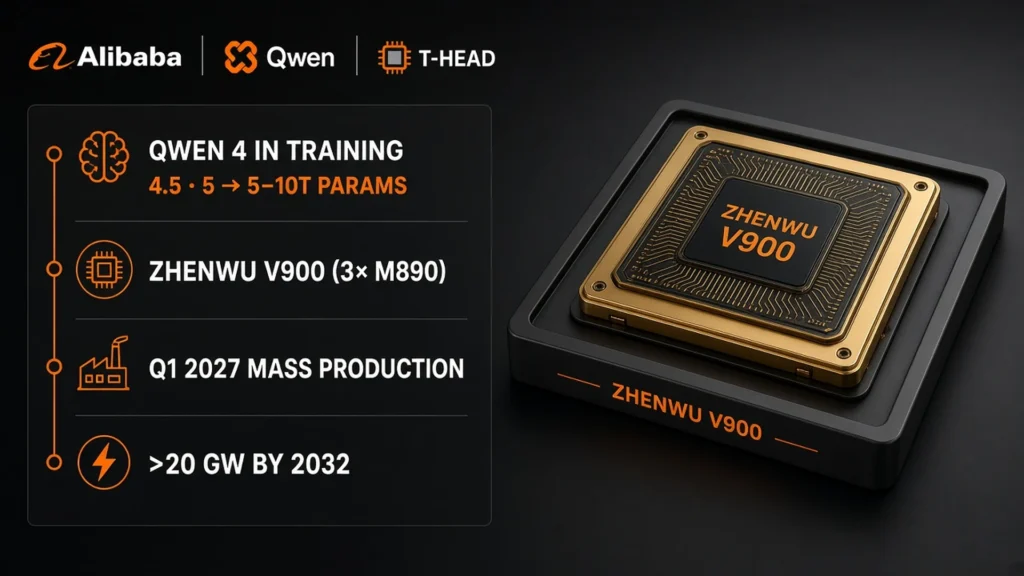 Alibaba Qwen T-Head roadmap beside a Zhenwu V900 chip with chips for Qwen 4 in training, 5–10T params, Q1 2027 mass production, and over 20 GW by 2032.