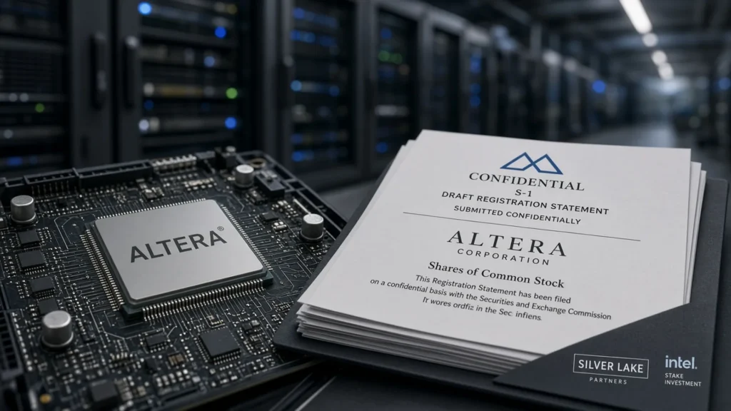 Altera FPGA chip on a circuit board beside a confidential S-1 draft registration folder, with Silver Lake and Intel stake marks, in a data-center aisle.