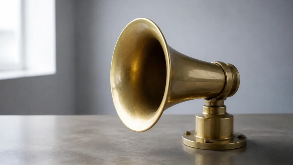 An unlabeled brass foghorn on a desk.