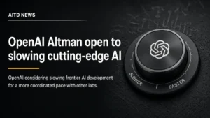 OpenAI logo on a pace dial turned toward Slower, signaling willingness to slow frontier AI.