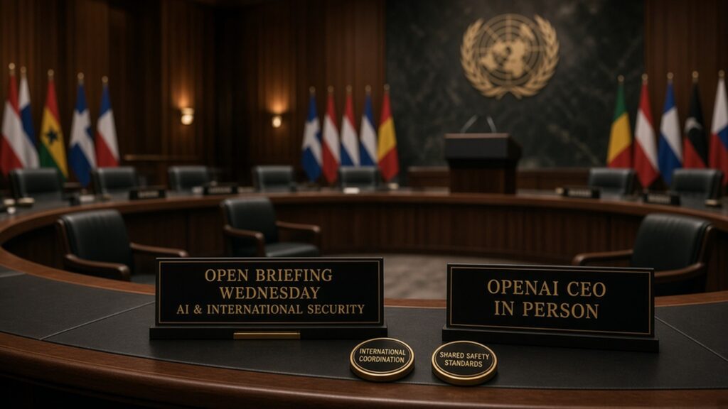 UN Security Council chamber cue for open AI briefing: OPEN BRIEFING WEDNESDAY AI AND INTERNATIONAL SECURITY and OPENAI CEO IN PERSON plaques, international coordination and shared safety standards chips, no likenesses.