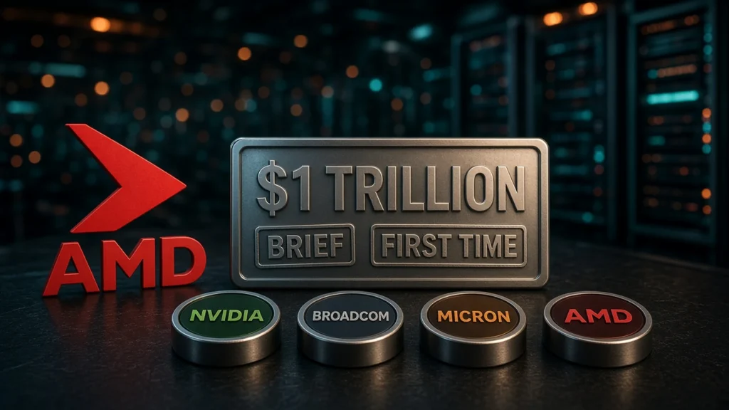 AMD logo beside a metallic $1 trillion plaque stamped Brief and First Time, with Nvidia, Broadcom, Micron, and AMD club tokens in a dark server-room setting.