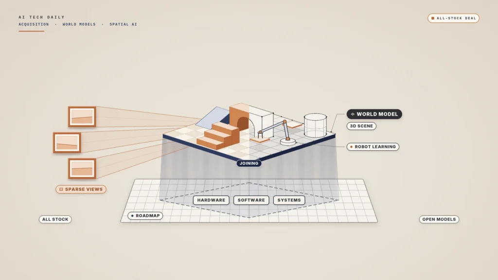 Illustration on a warm stone background. On the left, three small blank copper picture frames, each showing only a simple horizon line, are labeled "SPARSE VIEWS". Thin copper sightlines run from them to a floating 3D scene in the center: a tiled platform with an arch, a ramp, a cylinder, a short stair and a small robot arm placing a tile. The left half of the scene is solid and the right half is a graphite wireframe. It is labeled "WORLD MODEL", "3D SCENE" and "ROBOT LEARNING", and a thin navy band around its base is labeled "JOINING". A soft navy light falls from the scene onto a pale blueprint grid labeled "ROADMAP". There, the scene's outline appears as dashed lines around three blocks labeled "HARDWARE", "SOFTWARE" and "SYSTEMS". Tags in the lower corners read "ALL STOCK" and "OPEN MODELS".