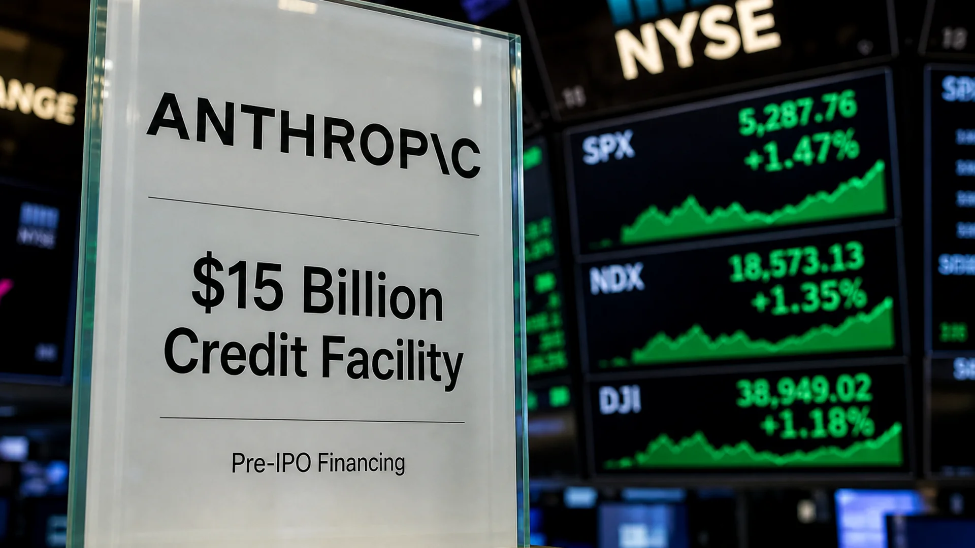 Anthropic logo on a $15 billion pre-IPO credit facility sign in front of exchange tickers.