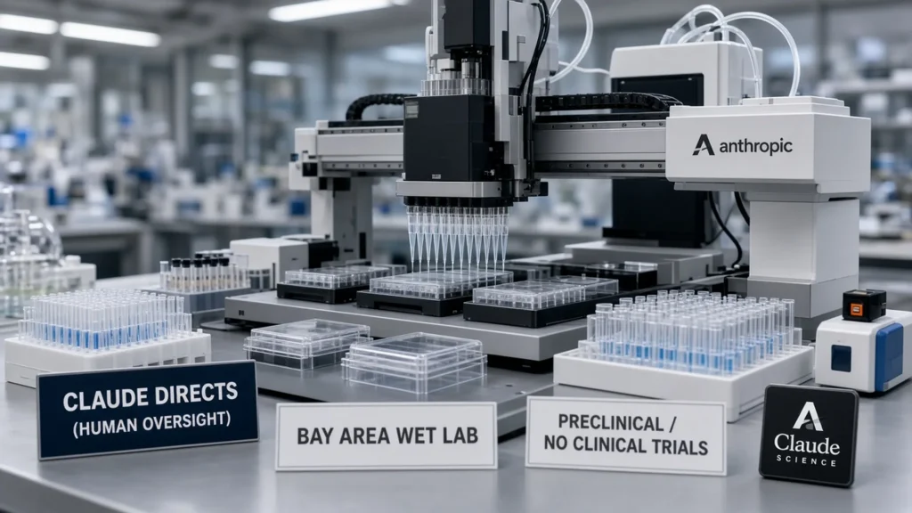 Anthropic Bay Area wet lab with a robotic liquid handler on a sterile bench, plaques reading Claude directs under human oversight, Bay Area wet lab, and preclinical no clinical trials.