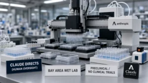 Anthropic Bay Area wet lab with a robotic liquid handler on a sterile bench, plaques reading Claude directs under human oversight, Bay Area wet lab, and preclinical no clinical trials.