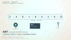 Editorial science-discovery board: abstract DNA repeat-array ribbon with RT node and ART chip, ~950 agents / 21h campaign chips; teal/ivory/slate genomic mining motif; no likenesses; no pathogen glamour.