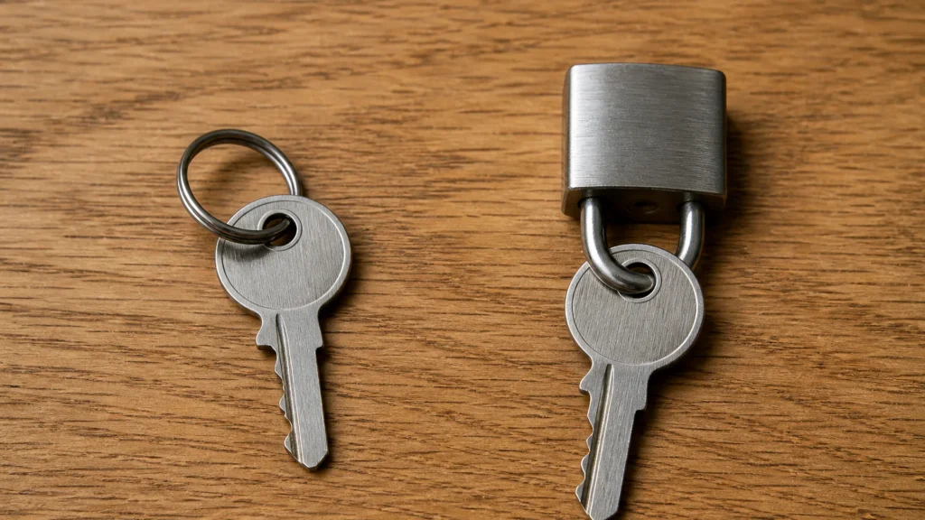 Two identical unmarked keys on a desk, one free and one locked.