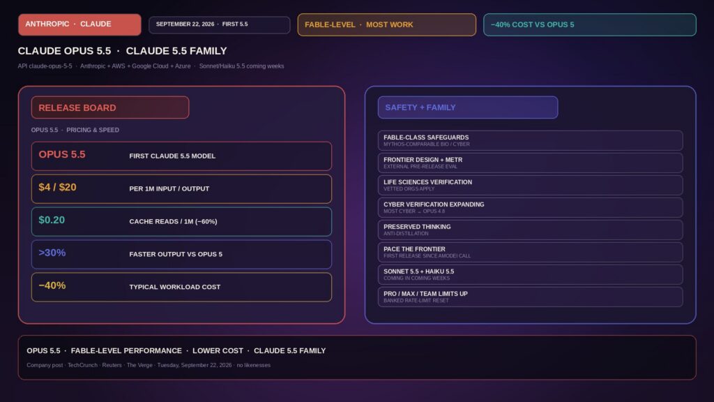 Editorial Claude Opus 5.5 release board: OPUS 5.5, FABLE-LEVEL, -40% COST vs Opus 5, $4/$20 per million tokens, Claude 5.5 family; Anthropic mark; no executive likenesses.