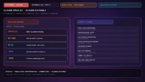 Editorial Claude Opus 5.5 release board: OPUS 5.5, FABLE-LEVEL, -40% COST vs Opus 5, $4/$20 per million tokens, Claude 5.5 family; Anthropic mark; no executive likenesses.
