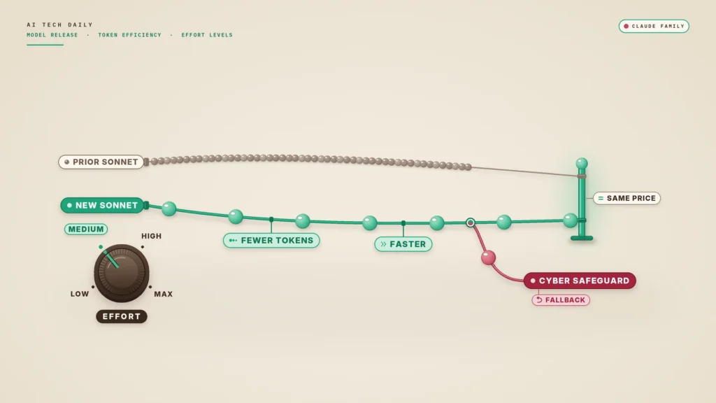 Illustration on a warm oatmeal background. Two curved wires run left to right toward a small jade finish post. The upper wire, labeled "PRIOR SONNET," is faint brown and crowded with many small, tightly packed beads that stop short of the post. The lower wire, labeled "NEW SONNET," is bright green with a few evenly spaced glossy beads, and its lead bead has already reached the post. It carries the tags "FEWER TOKENS" and "FASTER." A tag beside the post reads "SAME PRICE." At lower left, a chunky brown rotary knob labeled "EFFORT" has its pointer on "MEDIUM," with "LOW," "HIGH" and "MAX" around the rim. At lower right, the green wire forks and one red bead diverts onto a short branch ending in a red "CYBER SAFEGUARD" tag with a smaller "FALLBACK" tag.