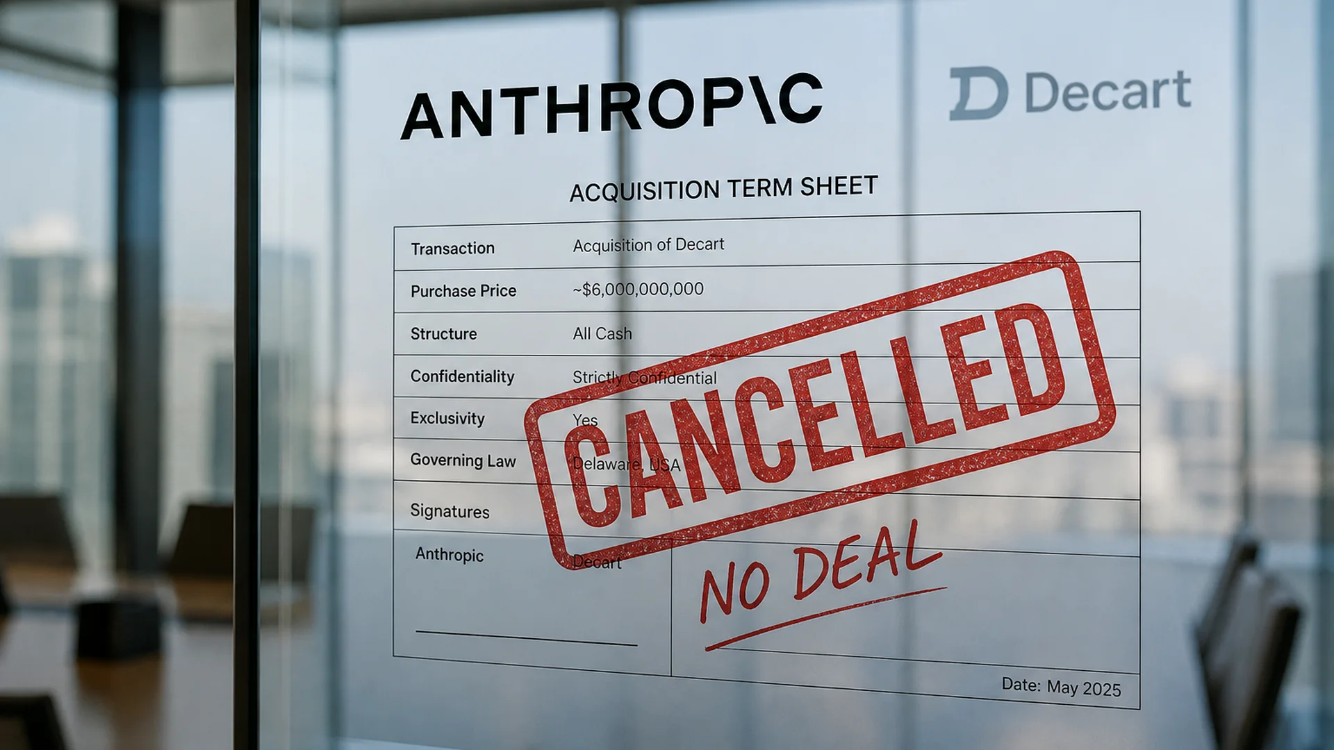 Anthropic and Decart acquisition term sheet stamped Cancelled and No Deal.