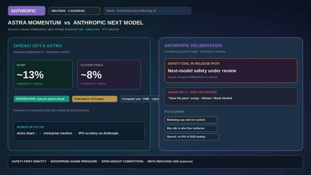 Editorial board: competitive pace / model-launch deliberation — ASTRA MOMENTUM panel with Ramp ~13% vs Claude Fable ~8% and OpenRouter lead chips opposite ANTHROPIC NEXT MODEL + SAFETY EVAL deliberation plate and IPO CALENDAR mid-Oct → post-midterms chips; REUTERS THREE SOURCES strip; no Amodei or Altman likeness.