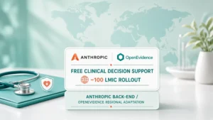 Free clinical decision support board for ~100 LMIC rollout with Anthropic back-end and OpenEvidence regional adaptation chips; no Amodei or Nadler likeness; no patient faces