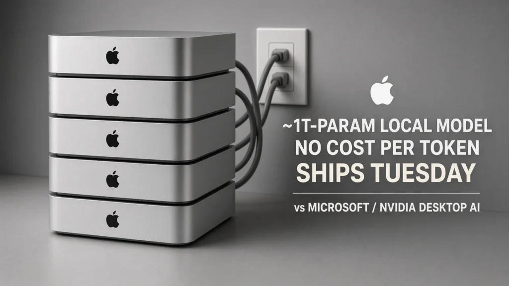 Stack of Mac Studio desktops plugged into a wall outlet beside chips for ~1T-param local model, no cost per token, ships Tuesday, versus Microsoft and Nvidia desktop AI.