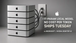 Stack of Mac Studio desktops plugged into a wall outlet beside chips for ~1T-param local model, no cost per token, ships Tuesday, versus Microsoft and Nvidia desktop AI.