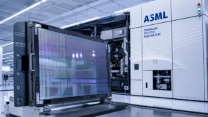 ASML High-NA EUV reticle and Twinscan tool in a cleanroom.