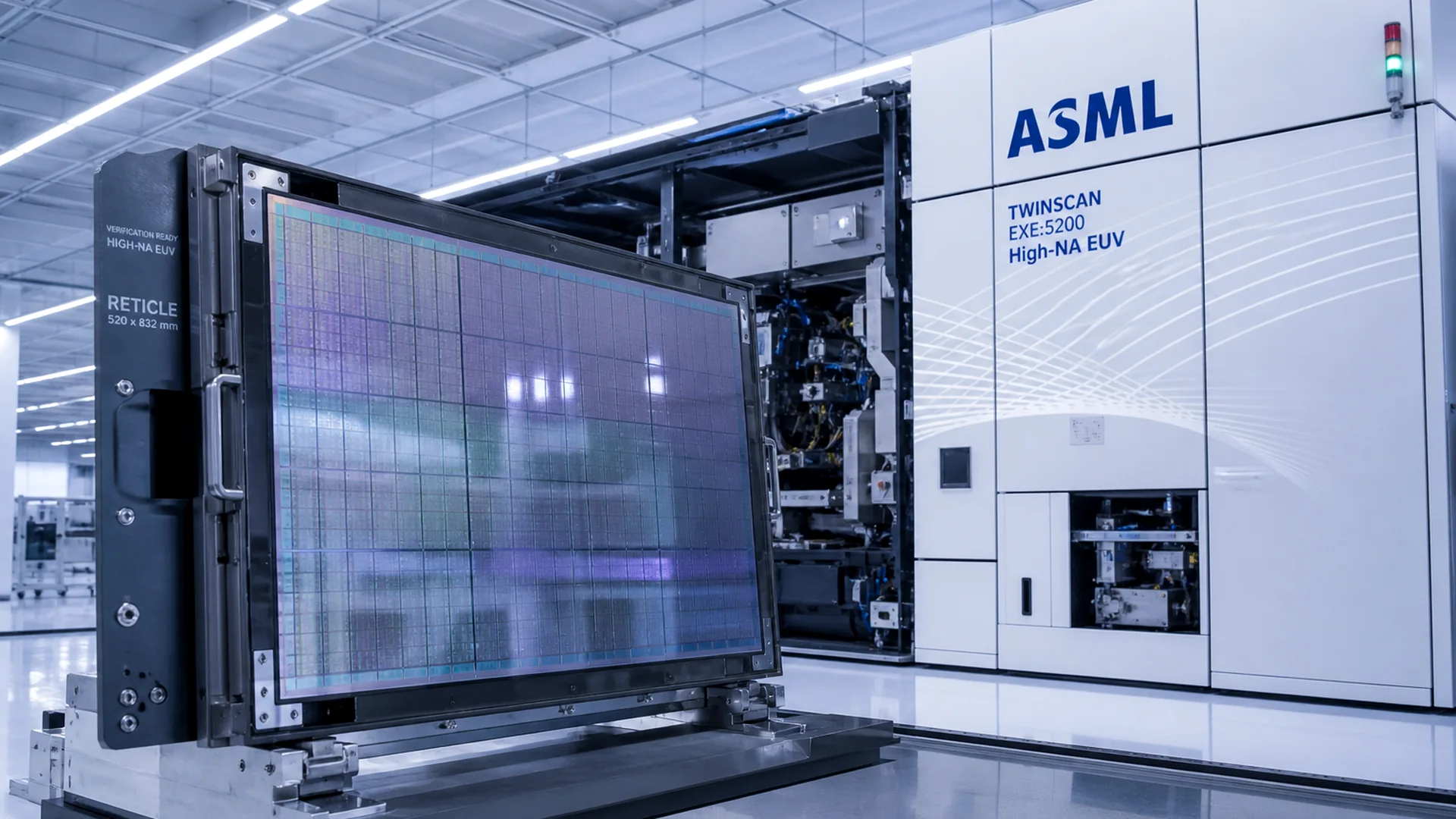 ASML High-NA EUV reticle and Twinscan tool in a cleanroom.