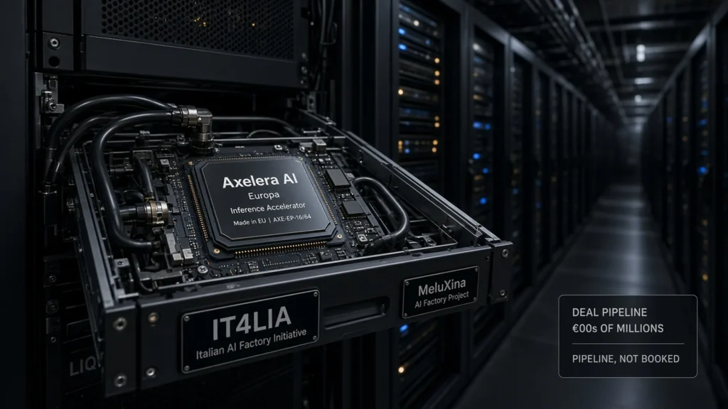 Axelera Europa inference chip on a liquid-cooled server tray in an AI-factory rack aisle, with IT4LIA and MeluXina plates and a pipeline-not-booked cue.