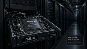 Axelera Europa inference chip on a liquid-cooled server tray in an AI-factory rack aisle, with IT4LIA and MeluXina plates and a pipeline-not-booked cue.