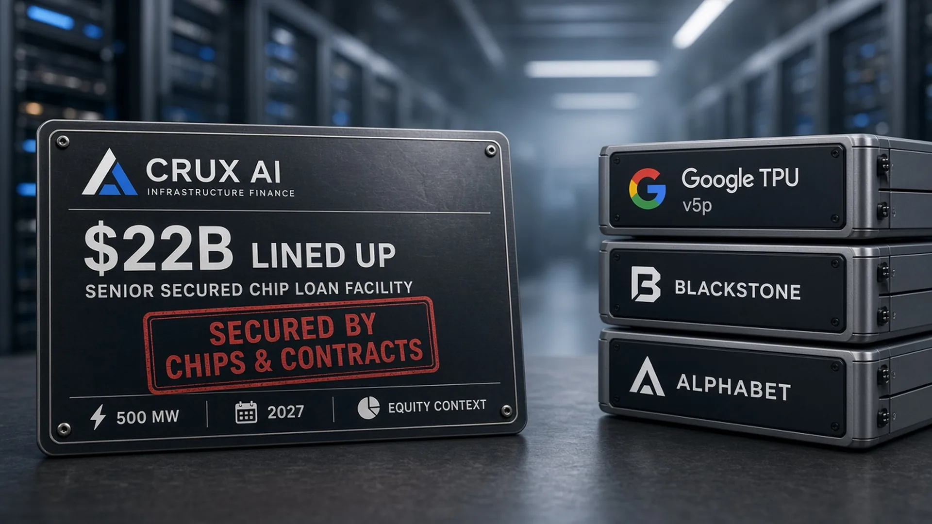 Story art: Crux AI chip-loan plaque reading about $22 billion lined up and secured by chips and contracts, beside Google TPU, Blackstone, and Alphabet hardware marks in a data-hall aisle. No closed stamp; no invented bank logos; no executive likeness.