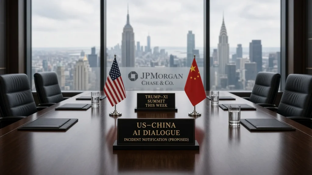 Empty New York conference table with US and China flags and plaques for a US–China AI dialogue, proposed incident notification, and Trump–Xi summit this week.