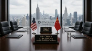 Empty New York conference table with US and China flags and plaques for a US–China AI dialogue, proposed incident notification, and Trump–Xi summit this week.