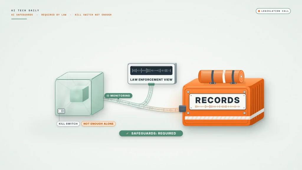 Illustration on a pale green-tinted background. At left, a translucent glass cube with a glowing core gives off a thin ribbon of activity ticks with a "MONITORING" tag. The ribbon runs into a large safety-orange aviation flight-recorder box with bolts, ribs, reflective stripes and a cylinder strapped on top, labeled "RECORDS". A branch of the ribbon rises into a plain tile labeled "LAW ENFORCEMENT VIEW". A small rocker switch on the cube's corner is tagged "KILL SWITCH" and "NOT ENOUGH ALONE", and a bar at the bottom reads "SAFEGUARDS: REQUIRED".