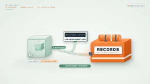 Illustration on a pale green-tinted background. At left, a translucent glass cube with a glowing core gives off a thin ribbon of activity ticks with a "MONITORING" tag. The ribbon runs into a large safety-orange aviation flight-recorder box with bolts, ribs, reflective stripes and a cylinder strapped on top, labeled "RECORDS". A branch of the ribbon rises into a plain tile labeled "LAW ENFORCEMENT VIEW". A small rocker switch on the cube's corner is tagged "KILL SWITCH" and "NOT ENOUGH ALONE", and a bar at the bottom reads "SAFEGUARDS: REQUIRED".
