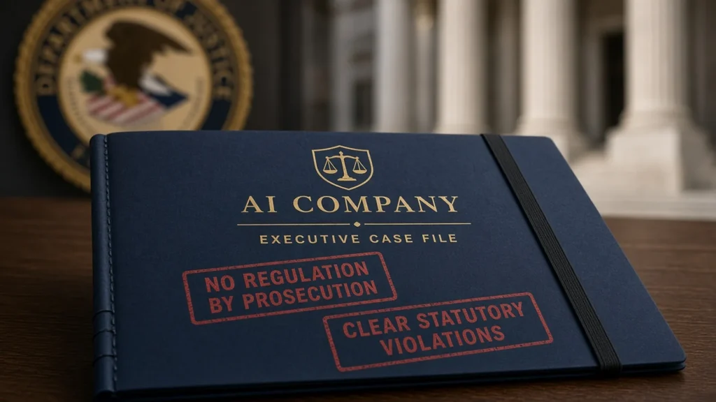 Navy AI company executive case file stamped NO REGULATION BY PROSECUTION and CLEAR STATUTORY VIOLATIONS, with a soft-focus Department of Justice seal and courthouse columns behind.