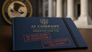 Navy AI company executive case file stamped NO REGULATION BY PROSECUTION and CLEAR STATUTORY VIOLATIONS, with a soft-focus Department of Justice seal and courthouse columns behind.
