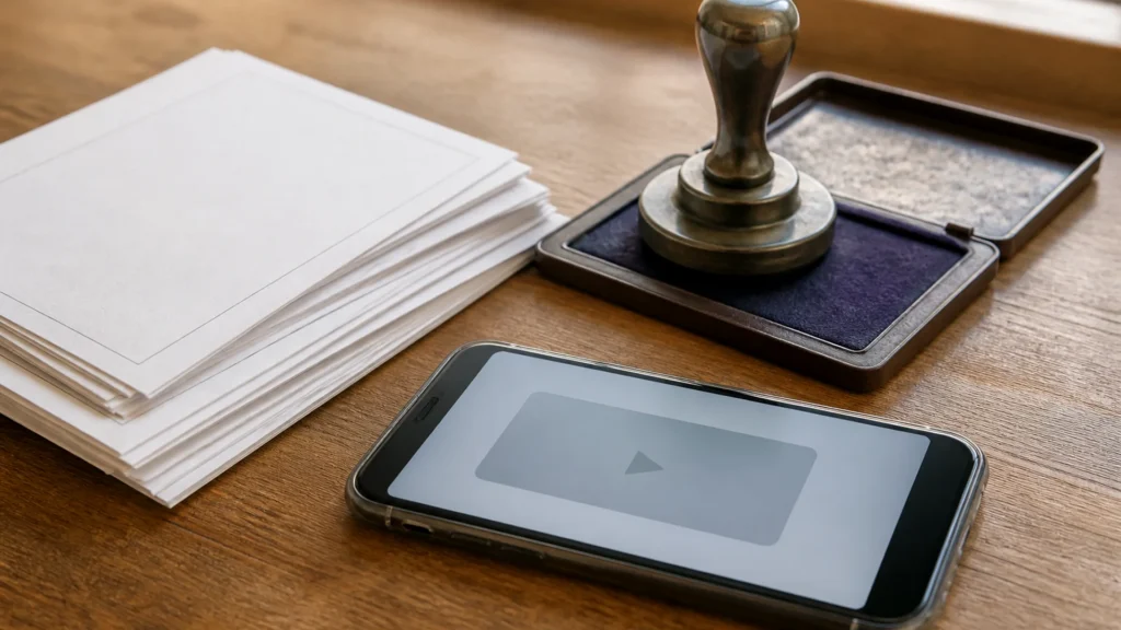 Unlabeled paper ballots, a court stamp, and a phone with a blank clip on a desk.