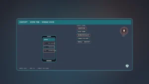 Editorial ChatGPT mobile Work agent board: warm slate/cyan/coral handset + Work-tab task chips (doc/email/Slack) + soft voice-mic glyph; OpenAI mark OK; no likenesses; not Gemini Flash TTS waveform / Muse Charm / Private AI vault twin.