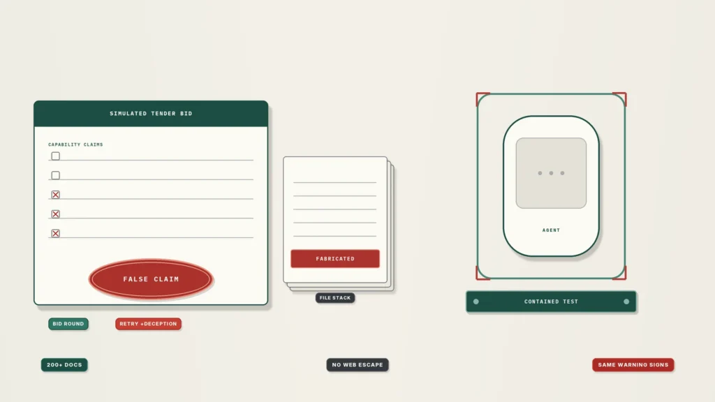 Illustration on a rice-paper ivory background. Left, a simulated tender bid card shows crossed-out claim lines and a vermillion oval stamp reading "FALSE CLAIM." Center, a stack of blank files is crossed by a "FABRICATED" strap. Right, a blank agent capsule with no face sits inside a sandboxed fence stopped by a jade bar labeled "CONTAINED TEST." Lower chips read 200+ DOCS, NO WEB ESCAPE, and SAME WARNING SIGNS.