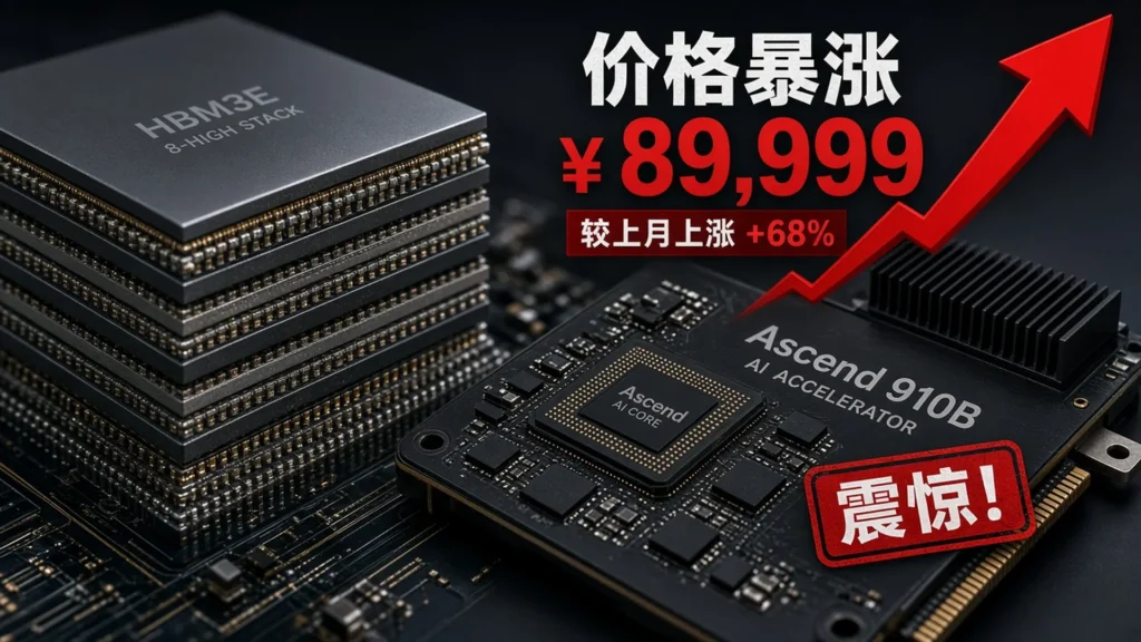 HBM memory stack beside an Ascend accelerator with a steep yuan price-up graphic.