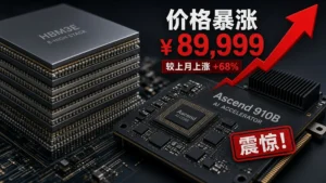 HBM memory stack beside an Ascend accelerator with a steep yuan price-up graphic.