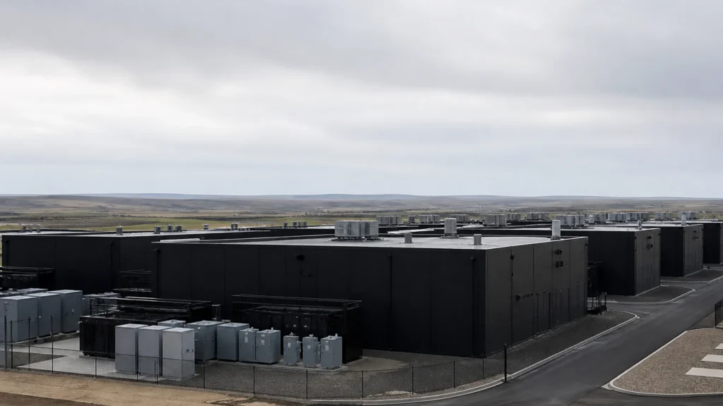 An unlabeled row of dark modular data halls under a pale sky.