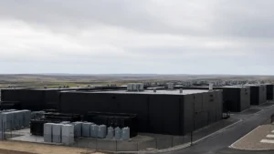 An unlabeled row of dark modular data halls under a pale sky.