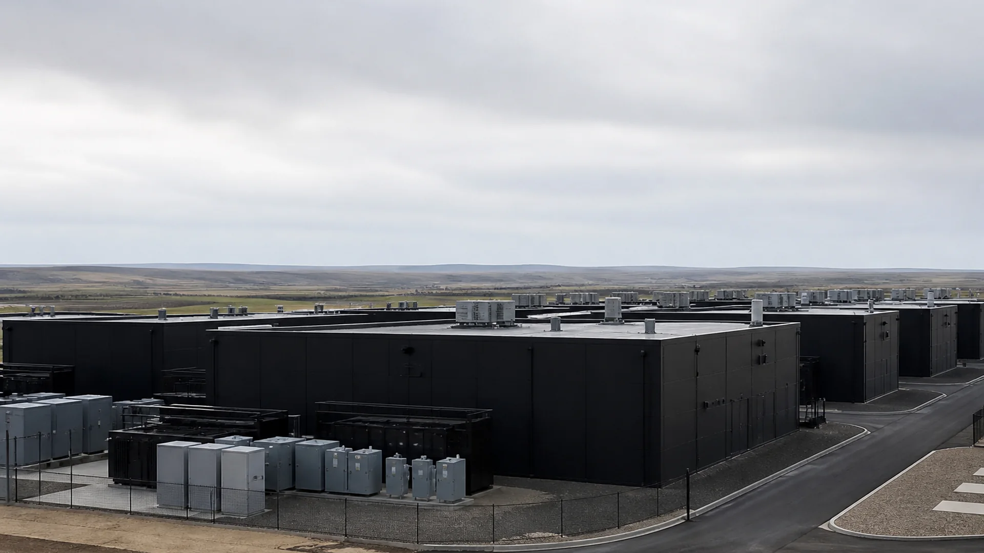 An unlabeled row of dark modular data halls under a pale sky.