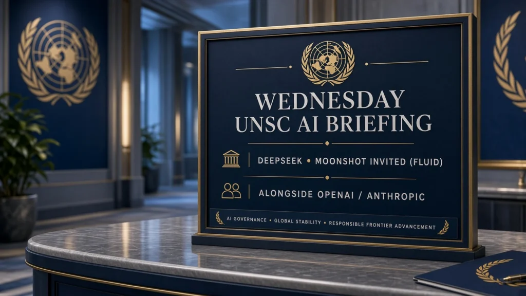 Navy-gold UN invitation plaque for Wednesday UNSC AI briefing naming DeepSeek and Moonshot as fluid invitees alongside OpenAI and Anthropic.