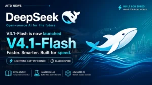 DeepSeek whale branding with V4.1-Flash launch graphic and Hangzhou lab cues.