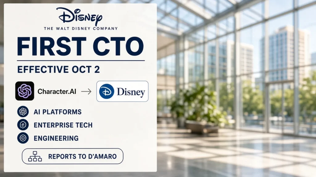 Disney first CTO appointment board effective October 2 showing a Character.AI to Disney path, remit stamps for AI platforms, enterprise tech, and engineering, and a reports-to-D'Amaro chip.